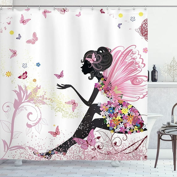 Jbralid Fashion Shower Curtain, Fairy Girl with Wings in a Floral Fantasy Garden, Flying Butterflies Printed Polyester Bathroom Curtain Decor with Hooks, 72" W x 72" L