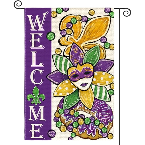 Jbralid Fleur de Lis Donut Masquerade Mask Mardi Gras Garden Flag 12x18 Inch Double Sided, Welcome Carnival Yard Outdoor Decoration
