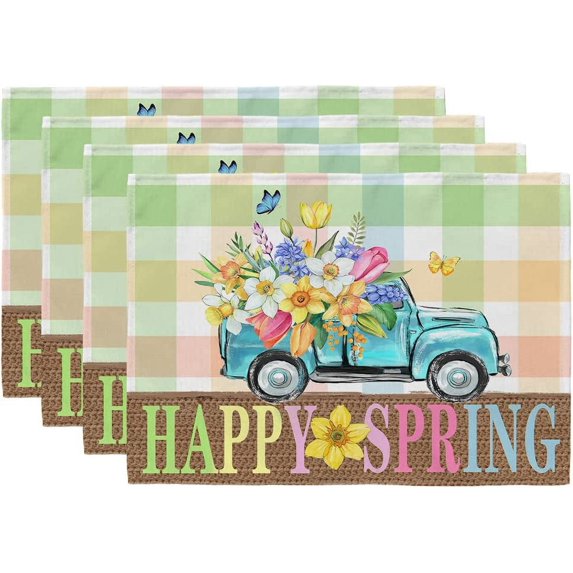 Jbralid Flowers Truck Spring Placemats 12x18 Inch Set of 4 Colorful Buffalo Plaid Table Mats Farmhouse Rustic Holiday Kitchen Dining Table Decoration for Indoor Outdoor Dinner Party Decor