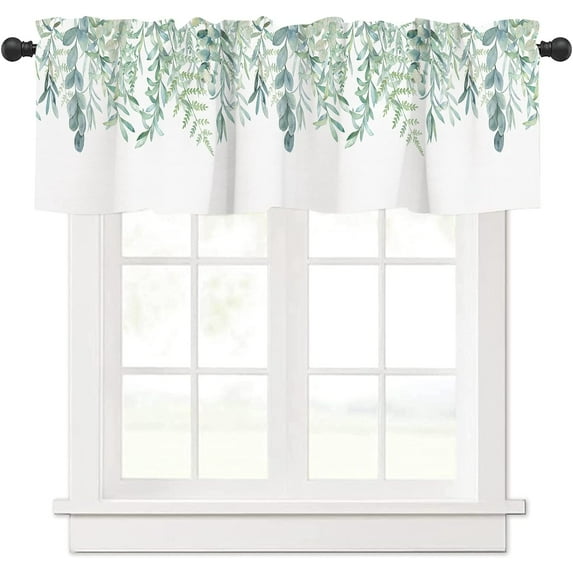 Jbralid Green Leaf Windows Valances Curtain Watercolor Floral Eucalyptus Kitchen Rod Pocket Short Panels Retro Window Treatment Topper Curtains for Living Bedroom Farmhouse 1 Panel, 54x18 Inch