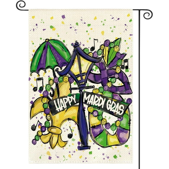 Jbralid Happy Mardi Gras Masquerade Mask Fleur de Lis Umbrella Garden Flag Vertical Double Sided, Holiday Party Mardi Gras Bead Lamp Yard Outdoor Decoration 12x18 Inch
