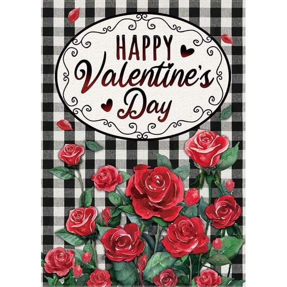 Jbralid Happy Valentine's Day Red Rose Flower Decorative Garden Flag, Floral Black White Buffalo Plaid Farmhouse Yard Outside Decoration, Anniversary Wedding Home Decor 12x18