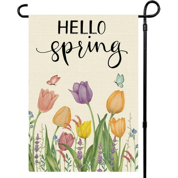 Jbralid Hello Spring Floral Linen Garden Flag 12x18 inch Double Sided for Outside Outdoor Decoration