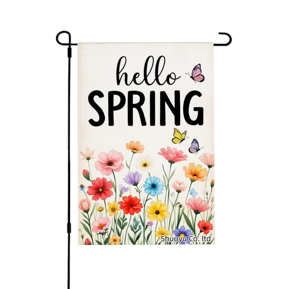Jbralid Hello Spring Linen Garden Flag With Colorful Flowers And Butterflies For Spring Summer Home Outdoor Garden Yard Door Decor 12x18 inch