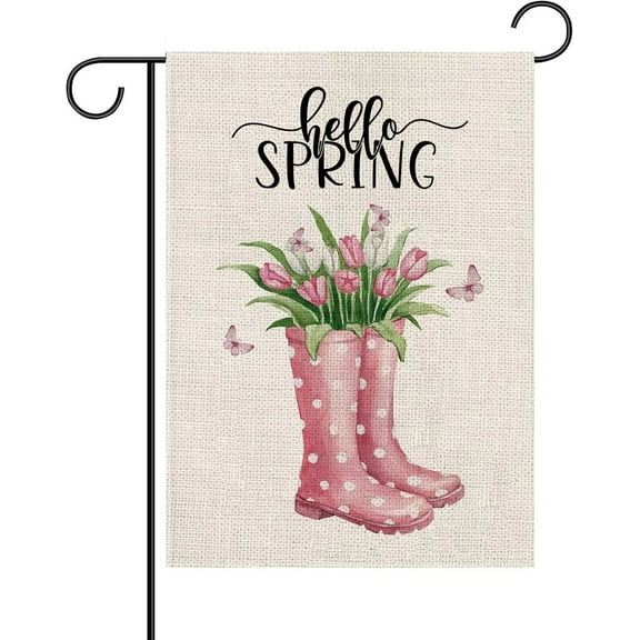 Jbralid Hello Spring Tulips Linen Garden Flag Vertical Double Sided for Farmhouse Yard Outdoor Decor 12x18 inch
