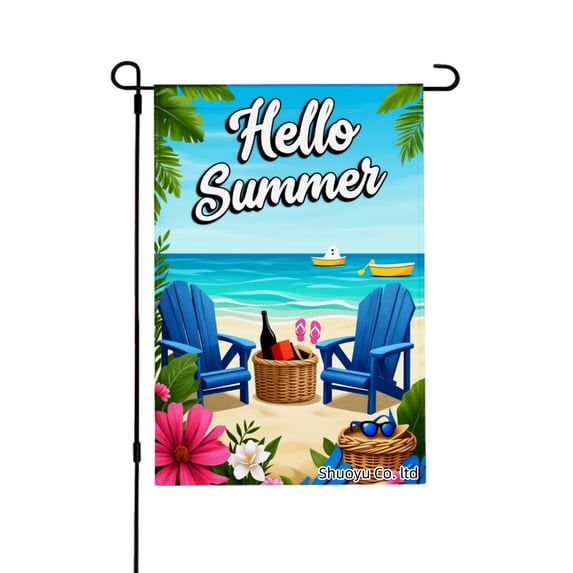 Jbralid Hello Summer Beach Scene Garden Flag With Blue Chairs Basket And Flowers For Spring Summer Home Outdoor Garden Yard Door Decor 12x18 inch