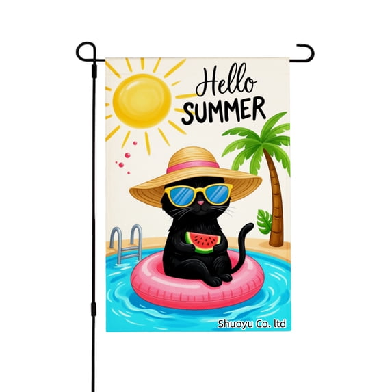 Jbralid Hello Summer Black Cat In Pool Garden Flag For Spring Summer Home Outdoor Garden Yard Door Decor 12x18 inch