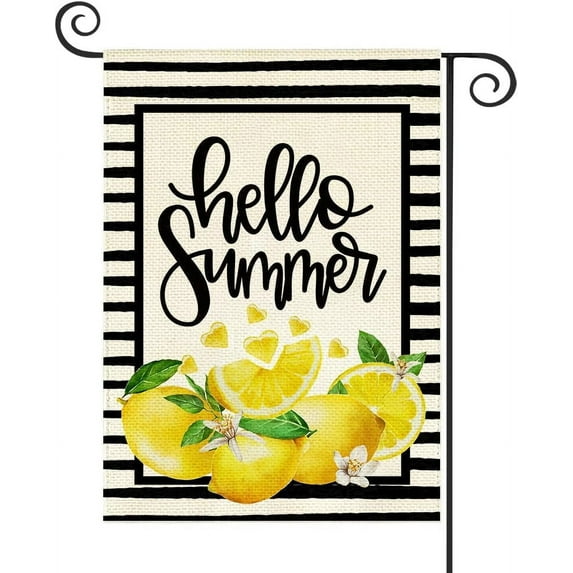 Jbralid Hello Summer Garden Flag Double Sided Black Stripes Lemon Fruit Summer Yard Flag Outdoor Outside Decoration 12x18 Inch