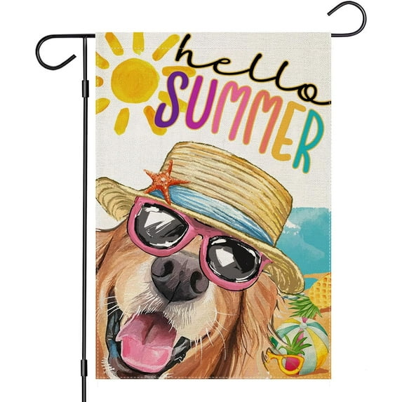 Jbralid Hello Summer Garden Flags for Outside, Dog with Sunglass Beach Sun Hat Yard Decoration, Small Seasonal Outdoor Decor for Spring Farmhouse Holiday,12x18 Inch Double Sided