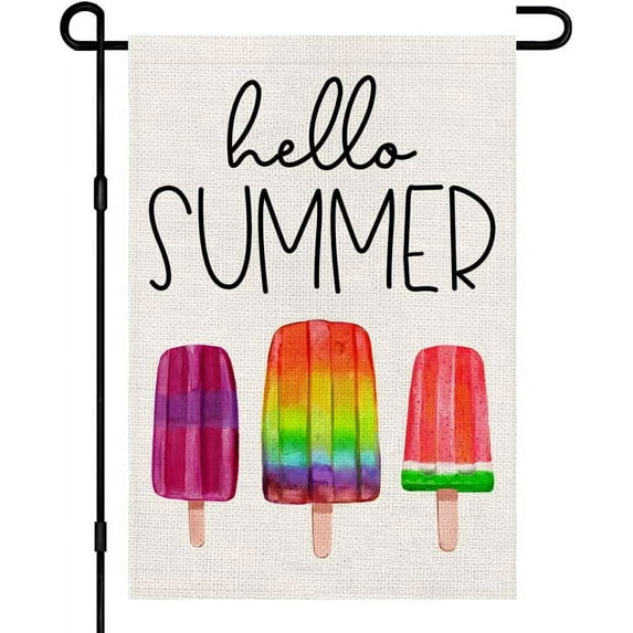 Jbralid Hello Summer Popsicles Ice Cream Garden Flag Linen 12x18 Inch Double Sided, Seasonal Sign Outdoor Decor Yard Small Flags