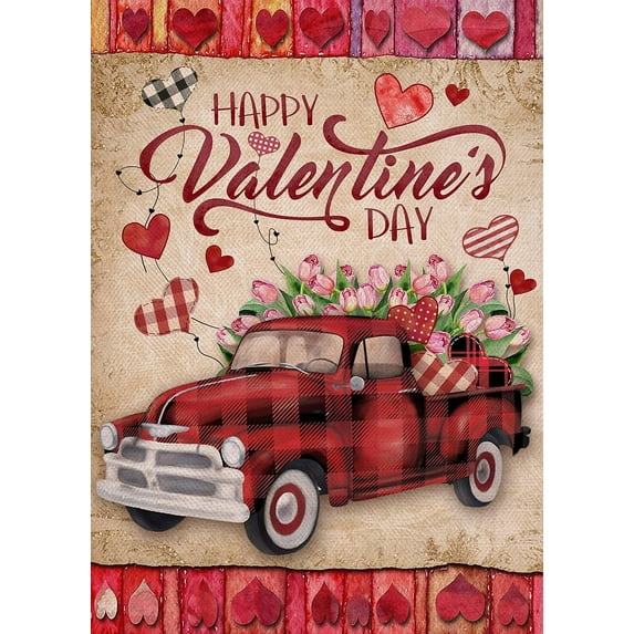 Jbralid Home Decorative Happy Valentine's Day Garden Flag, Vintage Red Plaid Truck Yard Buffalo Check Love Hearts Tulips Outside Decorations, Anniversary Wedding Outdoor Small Decor Double Sided 12x18
