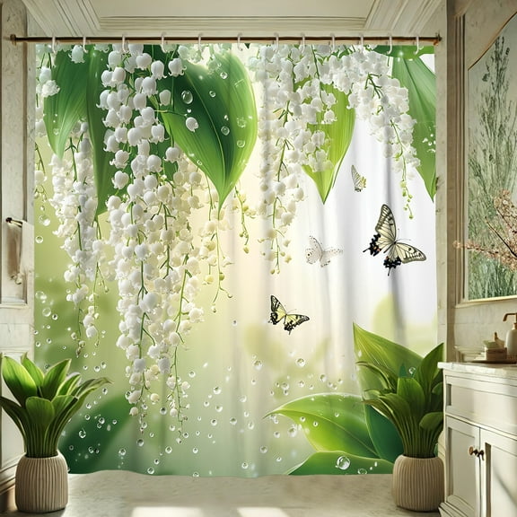 Jbralid Lily of the Valley Floral Shower Curtain with Butterflies and Green Leaves Design for Home Bathroom Bath Tub Decoration 72x72 inch
