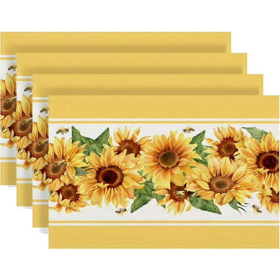 Jbralid Linen Watercolor Sunflower Placemats Set of 4 Spring Table Mats Spring Farmhouse Sunflower Decorations for Home Kitchen Table-12x18
