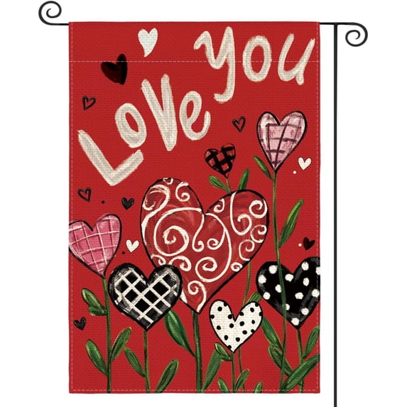 Jbralid Love You Valentines Day Garden Flag 12x18 Inch Outside Double Sided, Love Hearts Flowers Rustic Yard Outdoor Decorative Flag Red