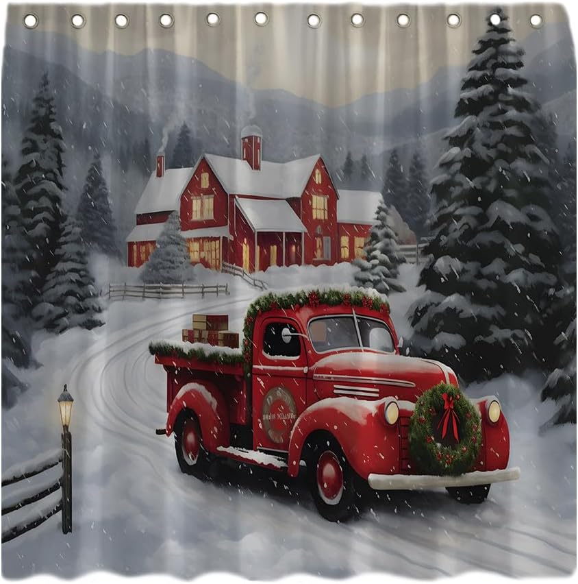 Jbralid Merry Christmas Red Vintage Truck Shower Curtain Xmas Pine Tree