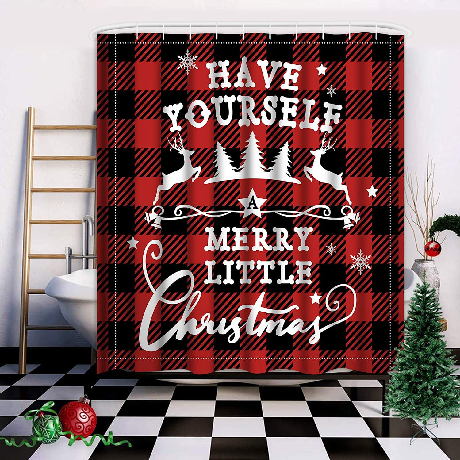 Jbralid Merry Christmas Shower Curtain, Red Buffalo Plaid Xmas Bathroom