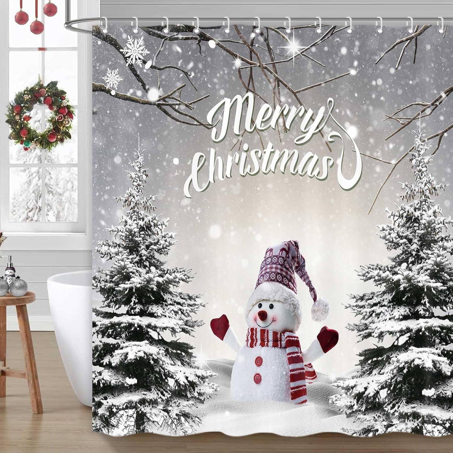 Jbralid Merry Christmas Shower Curtain Winter Snowman Xmas Tree ...