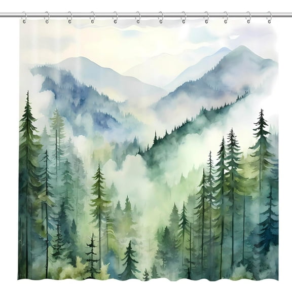Jbralid Mountain Forest Shower Curtain 72" x 72", Misty Foggy Pine Trees Landscape Design Waterproof Polyester Shower Curtain with Hooks for Bathtub