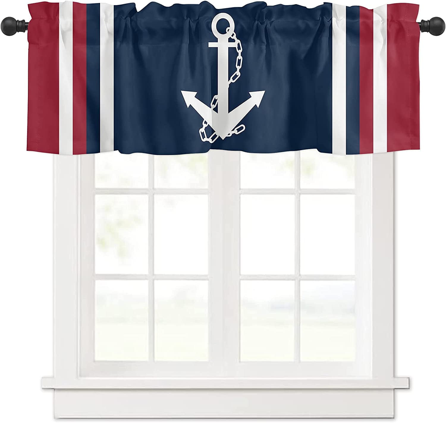 Jbralid Nautical Valances, Nautical Anchor Red White Stripes Navy Blue
