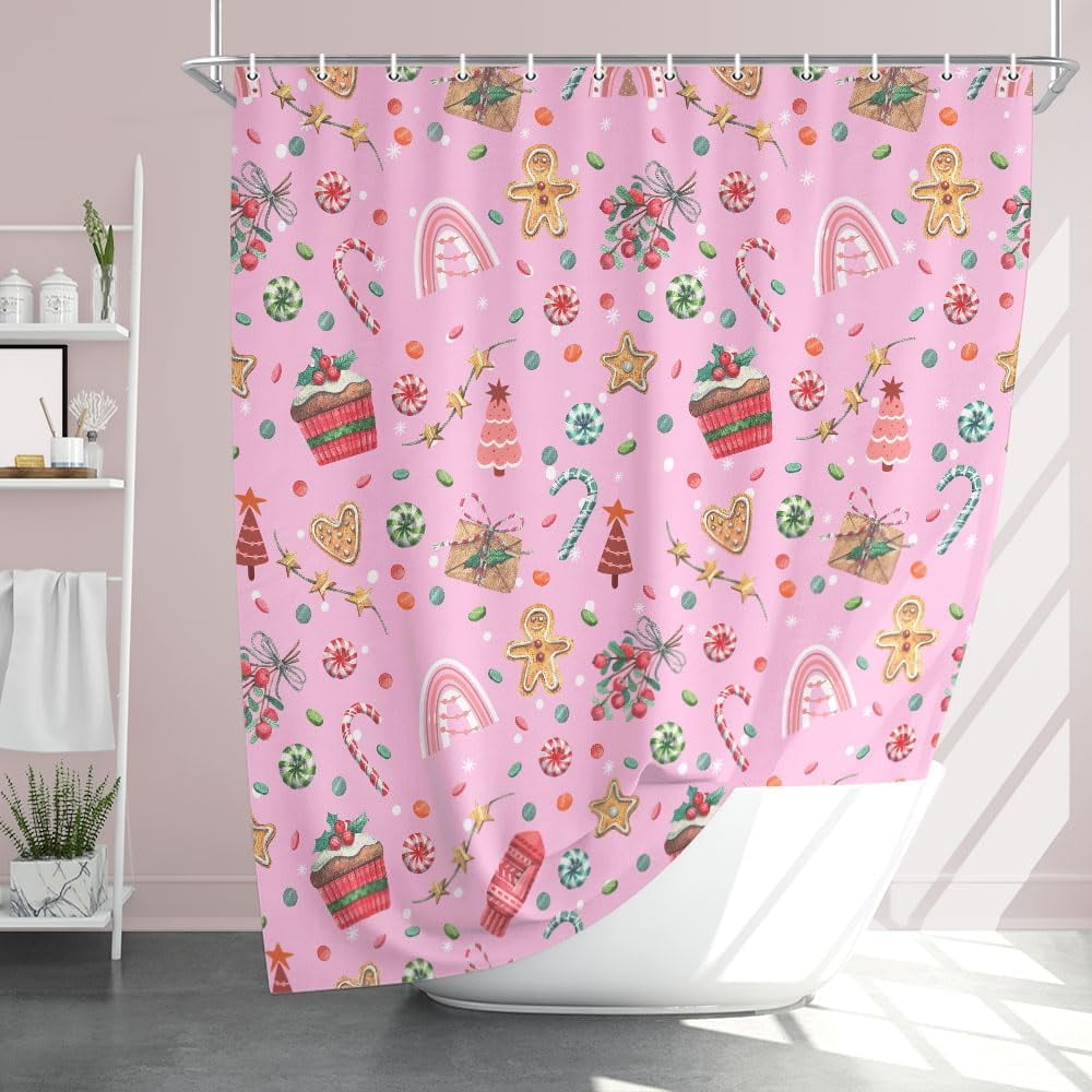 Jbralid Pink Christmas Shower Curtain Cute Colorful Holiday Shower