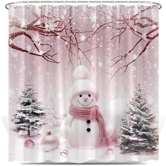 Jbralid Pink Christmas Shower Curtain Cute Snowman Xmas Balls Winter Forest Pine Tree Snow Scape Holiday Bathroom Decor Set with Hooks 72x72 Inch
