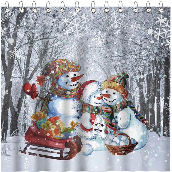 Jbralid Snowman Shower Curtain Cute Snowman Snowflake Forest Tree Scene Christmas Shower Curtain Bathroom Bathtub Curtain 72x72 Inch with 12 Hooks