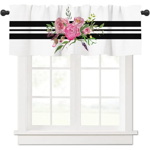 Jbralid Spring Flower Window Valances Summer Watercolor Floral Black White Striped Valance Kitchen Curtains with Rod Pocket Short Curtain Panels for Bedroom Living Room 54" X 18"