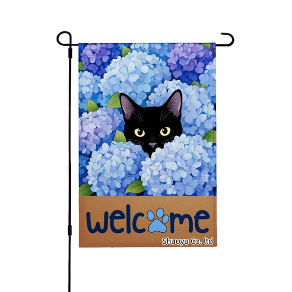 Jbralid Spring Garden Flag Black Cat Among Flowers Welcome Linen Summer Garden Flags for Outside 12x18 inch