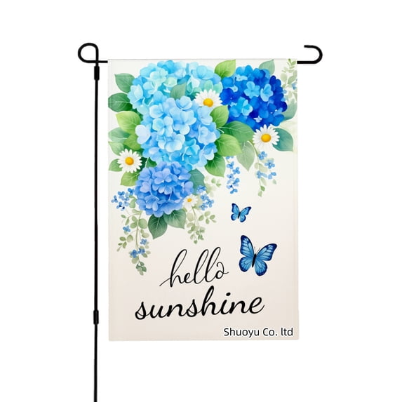 Jbralid Spring Garden Flag Blue Flowers Butterflies Hello Sunshine Linen Summer Garden Flags for Outside 12x18 inch