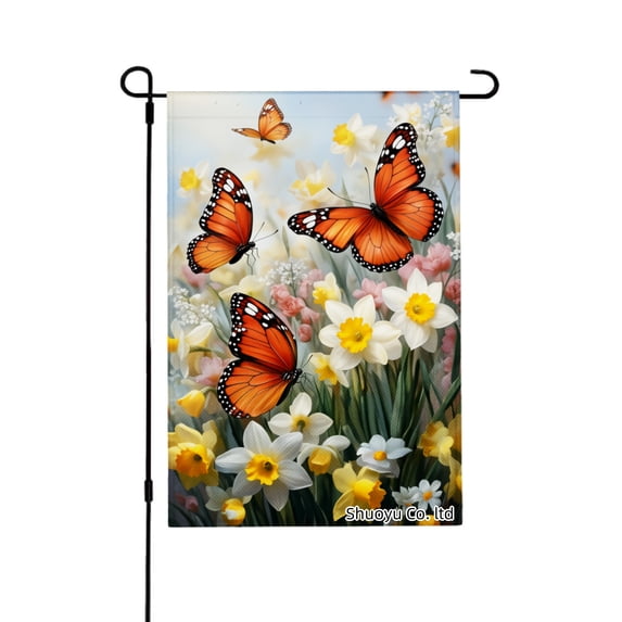Jbralid Spring Garden Flag Butterfly Flower Garden Spring Nature Linen Summer Garden Flags for Outside 12x18 inch