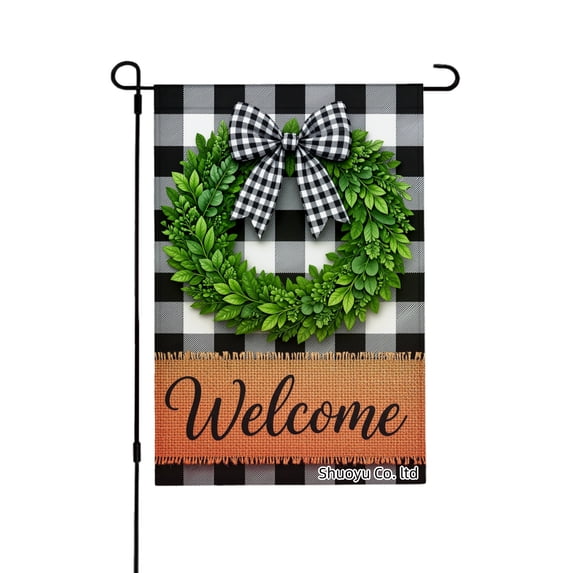 Jbralid Spring Garden Flag Checkered Wreath Bow Welcome Sign Linen Summer Garden Flags for Outside 12x18 inch