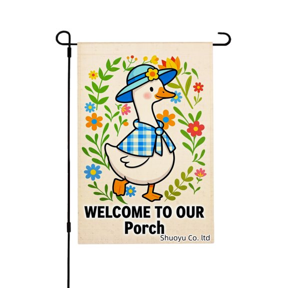 Jbralid Spring Garden Flag Duck Wearing Hat And Flowers Linen Summer Garden Flags for Outside 12x18 inch
