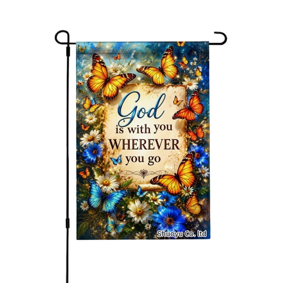 Jbralid Spring Garden Flag God With You Butterflies Flowers Linen Summer Garden Flags for Outside 12x18 inch