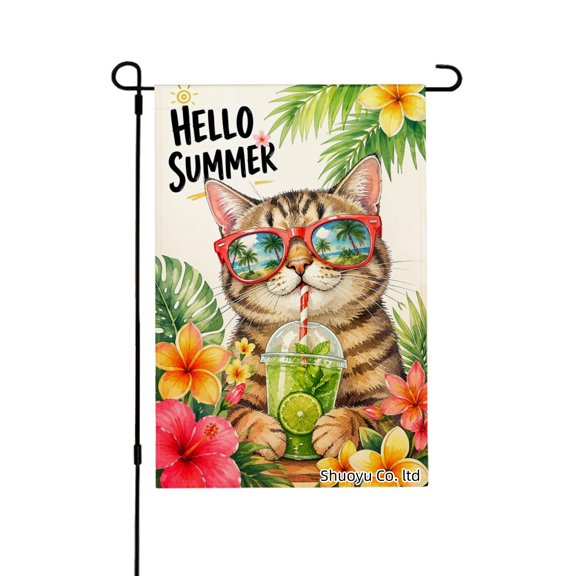 Jbralid Spring Garden Flag Hello Summer Cat With Sunglasses Linen Summer Garden Flags for Outside 12x18 inch