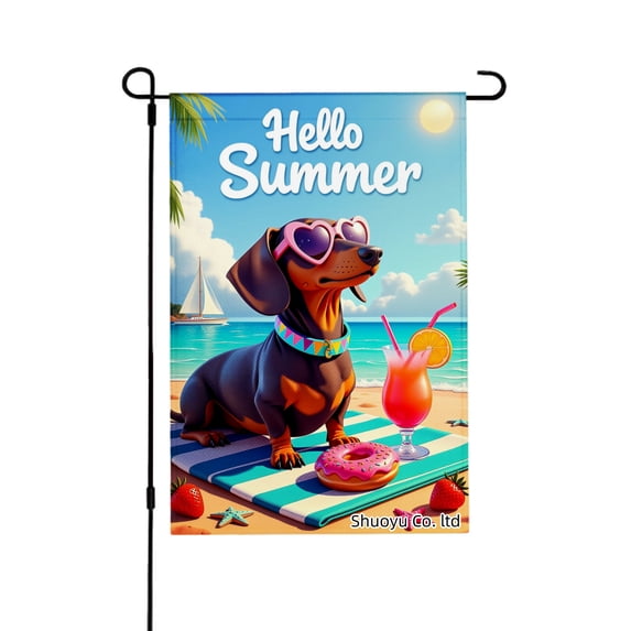 Jbralid Spring Garden Flag Hello Summer Dog Beach Scene Linen Summer Garden Flags for Outside 12x18 inch