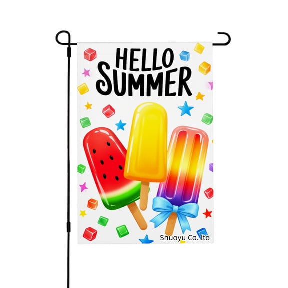 Jbralid Spring Garden Flag Hello Summer Popsicles Stars Cubes Linen Summer Garden Flags for Outside 12x18 inch