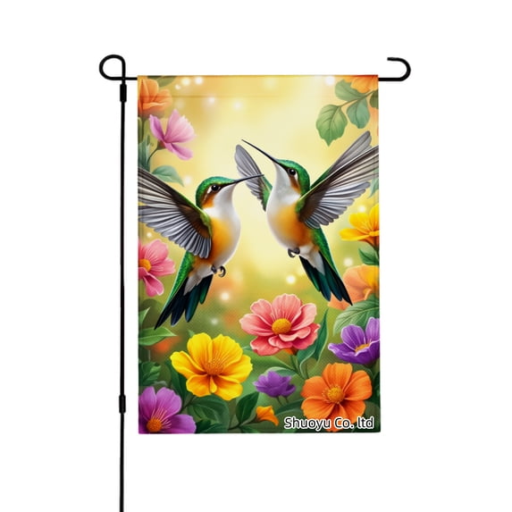 Jbralid Spring Garden Flag Hummingbirds Flowers Garden Art Design Linen Summer Garden Flags for Outside 12x18 inch