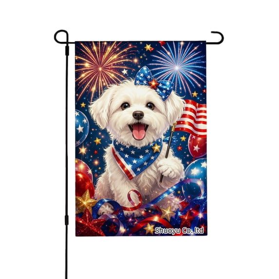 Jbralid Spring Garden Flag Patriotic Dog Fireworks Stars Flag Linen Summer Garden Flags for Outside 12x18 inch