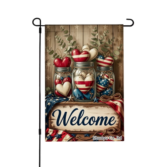 Jbralid Spring Garden Flag Patriotic Hearts Mason Jars Welcome Linen Summer Garden Flags for Outside 12x18 inch