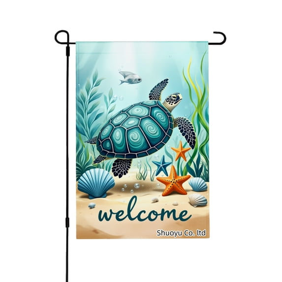 Jbralid Spring Garden Flag Sea Turtle And Starfish Welcome Linen Summer Garden Flags for Outside 12x18 inch