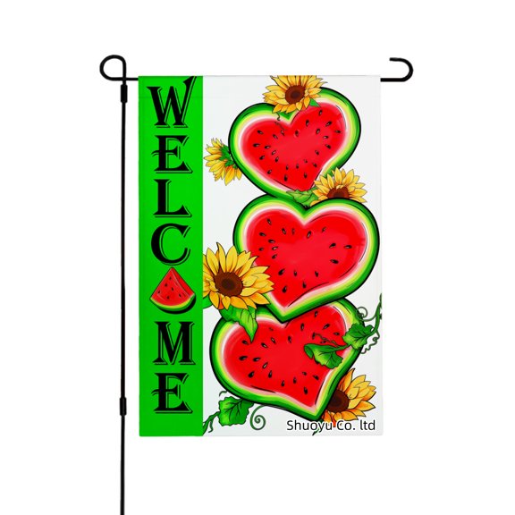 Jbralid Spring Garden Flag Watermelon Hearts Sunflowers Welcome Green Linen Summer Garden Flags for Outside 12x18 inch