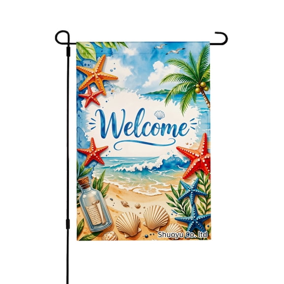 Jbralid Spring Garden Flag Welcome Beach Scene With Starfish And Palm Tree Linen Summer Garden Flags for Outside 12x18 inch