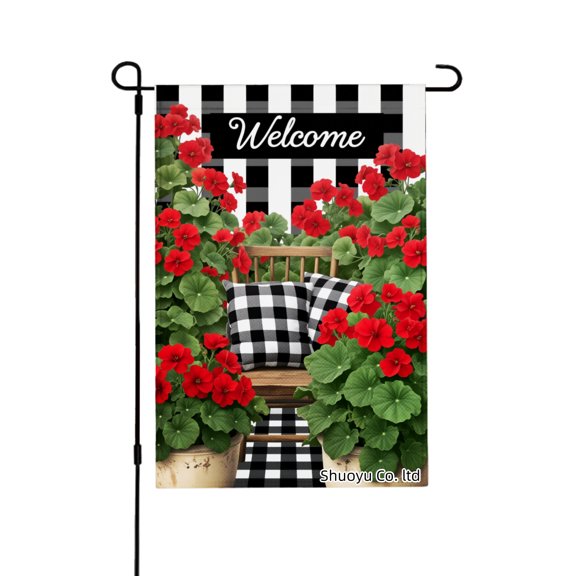 Jbralid Spring Garden Flag Welcome Bench Flowers Checkered Pattern Linen Summer Garden Flags for Outside 12x18 inch