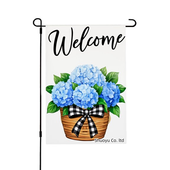 Jbralid Spring Garden Flag Welcome Blue Flowers Basket Bow Linen Summer Garden Flags for Outside 12x18 inch