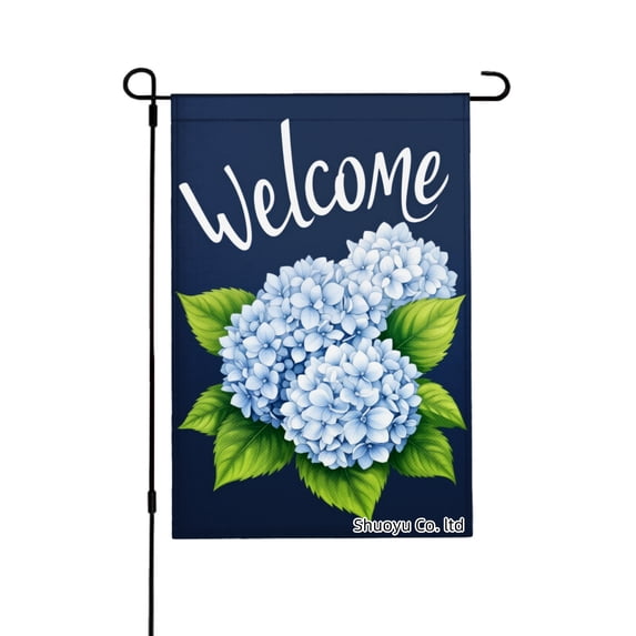 Jbralid Spring Garden Flag Welcome Blue Flowers Green Leaves Linen Summer Garden Flags for Outside 12x18 inch