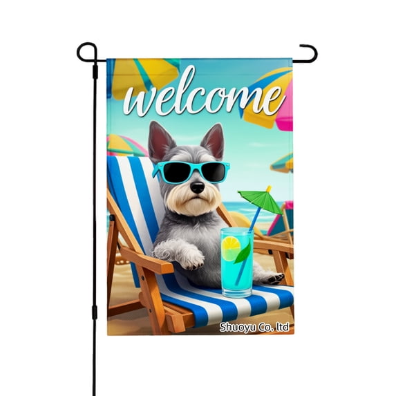 Jbralid Spring Garden Flag Welcome Dog Beach Chair Umbrella Linen Summer Garden Flags for Outside 12x18 inch
