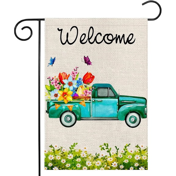 Jbralid Spring Summer Burlap Flower Spring Outdoor Flag Decor (12x18 Inch)