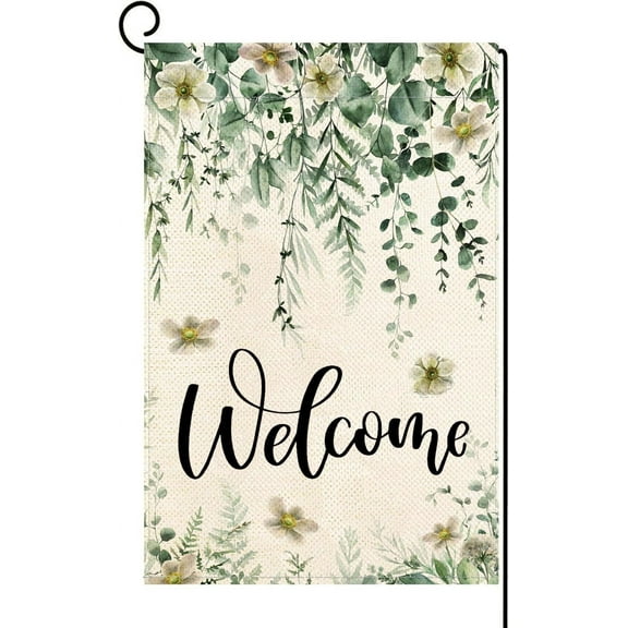 Jbralid Spring Summer Leaf Welcome Garden Flag Double Sided Green Eucalyptus Leaves Flower Floral Small Burlap Yard Flag House Seasonal Outside Outdoor Decoration 12" x 18"