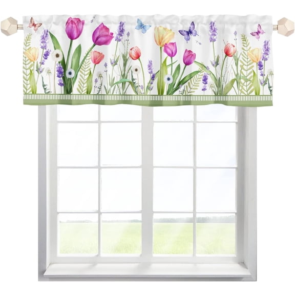 Jbralid Spring Tulip Valances for Windows, Lavender Dandelion Butterfly Window Toppers Valances Rod Pocket Window Curtain, Floral Kitchen Living Room Bedroom Decor 54x18 Inch, 1 Panel