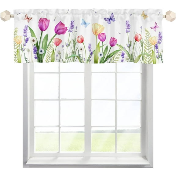 Jbralid Spring Tulip Valances for Windows, Lavender Dandelion Butterfly Window Toppers Valances Rod Pocket Window Treatment, Floral Kitchen Living Room Bedroom Decor 54x18 Inch, 1 Panel